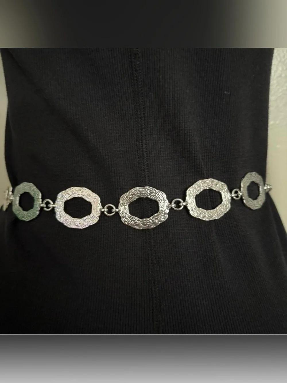 Silver tone metallic skinny chain belt